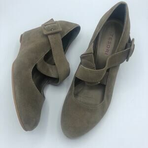 Tesori Grey Mary Jane Suede Wedge Heels 9